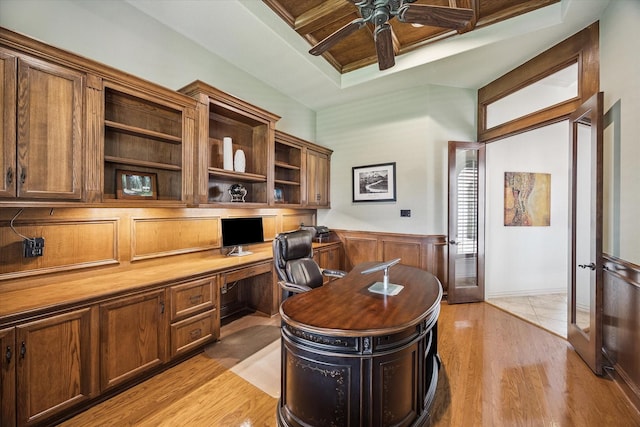 5214 Bristol Bank Ct, Houston, TX 77041 - office area with ceiling fan, built in study area, light wood-type flooring, and wainscoting
