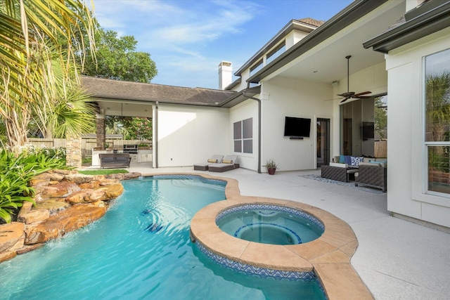 5214 Bristol Bank Ct, Houston, TX 77041 - view of swimming pool featuring an outdoor hangout area, a ceiling fan, a patio, and a pool with connected hot tub
