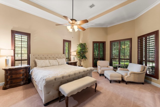 4022 Hidden Winds Dr, Spring, TX 77386 - bedroom with carpet flooring, multiple windows, crown molding, and ceiling fan