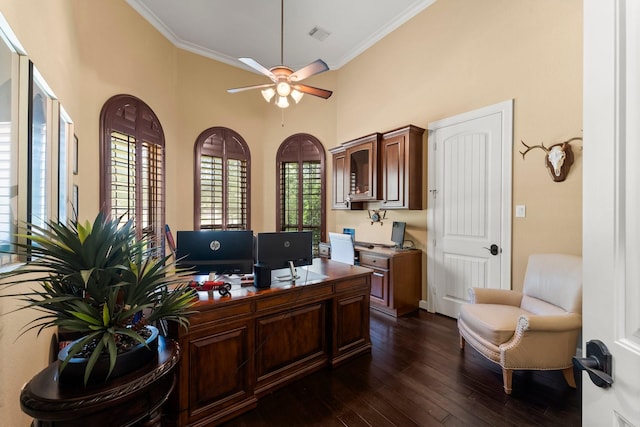4022 Hidden Winds Dr, Spring, TX 77386 - office area with ceiling fan, ornamental molding, dark wood finished floors, and a high ceiling