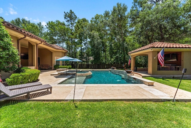 4022 Hidden Winds Dr, Spring, TX 77386 - view of swimming pool featuring a patio, a fenced backyard, a gazebo, and a pool with connected hot tub