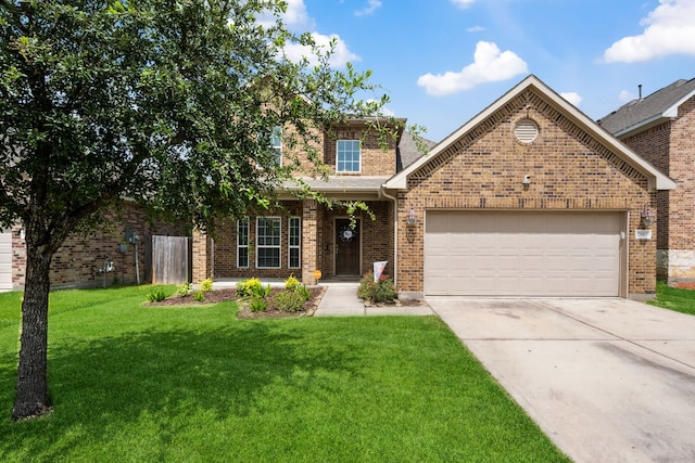 7910 Brooks Crossing Dr, Baytown, TX 77521 - view of front of house with brick siding, a garage, concrete driveway, and a front yard