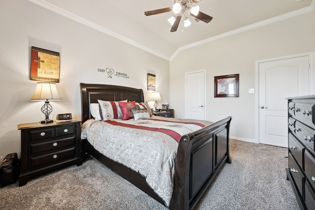 7910 Brooks Crossing Dr, Baytown, TX 77521 - bedroom featuring carpet, ornamental molding, vaulted ceiling, and ceiling fan