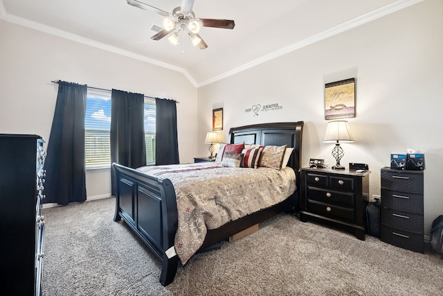 7910 Brooks Crossing Dr, Baytown, TX 77521 - bedroom featuring light carpet, crown molding, a ceiling fan, and lofted ceiling