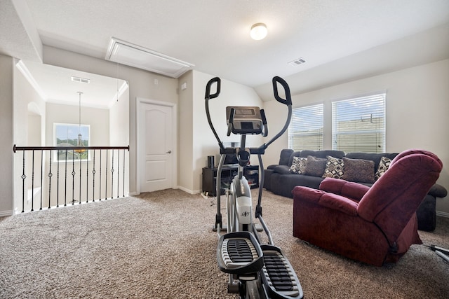 7910 Brooks Crossing Dr, Baytown, TX 77521 - exercise area with attic access and carpet flooring
