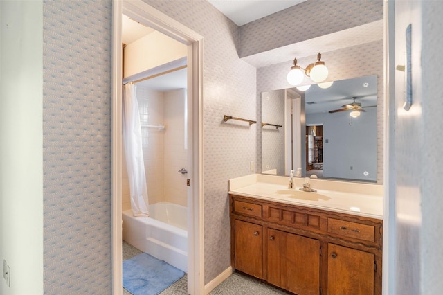 2718 Stratford St, Pearland, TX 77581 - full bath with vanity, shower / bath combination with curtain, wallpapered walls, and ceiling fan