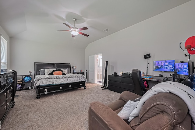 9198 Sierra Del Carmen, Conroe, TX 77303 - bedroom with lofted ceiling, carpet flooring, ceiling fan, ensuite bathroom, and a desk