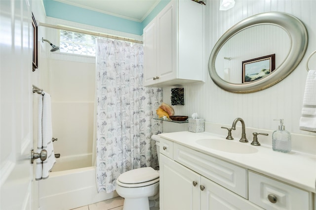 18614 Warrior Rd, Galveston, TX 77554 - bathroom with vanity, shower / bath combination with curtain, tile patterned floors, and ornamental molding