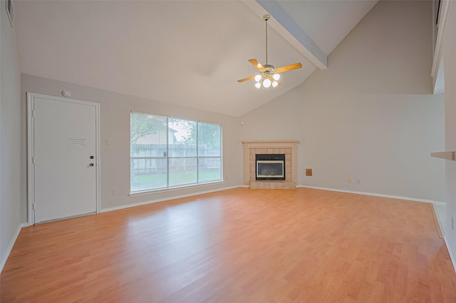2415 Pebbledowne Cir, Sugar Land, TX 77478 - unfurnished living room with a fireplace, ceiling fan, light wood-style flooring, beamed ceiling, and high vaulted ceiling