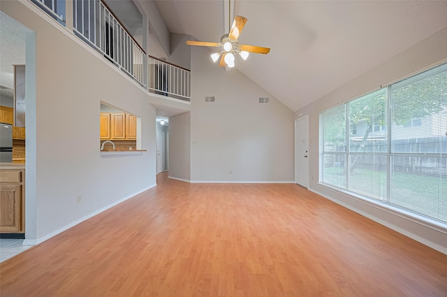 2415 Pebbledowne Cir, Sugar Land, TX 77478 - unfurnished living room featuring high vaulted ceiling, a ceiling fan, and light wood-style flooring