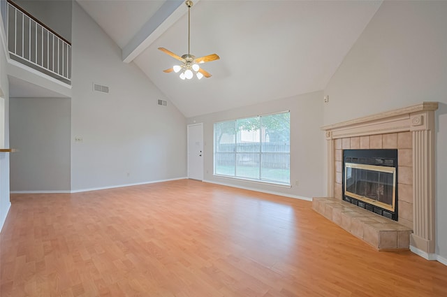 2415 Pebbledowne Cir, Sugar Land, TX 77478 - unfurnished living room with high vaulted ceiling, a ceiling fan, a tile fireplace, beamed ceiling, and light wood-style floors