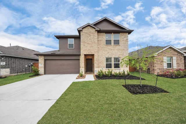 4985 Blue Beetle Ridge Dr, Katy, TX 77493 - traditional-style house with concrete driveway, a front yard, brick siding, and a garage