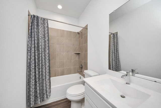 4985 Blue Beetle Ridge Dr, Katy, TX 77493 - bathroom with shower / tub combo with curtain, vanity, and wood finished floors