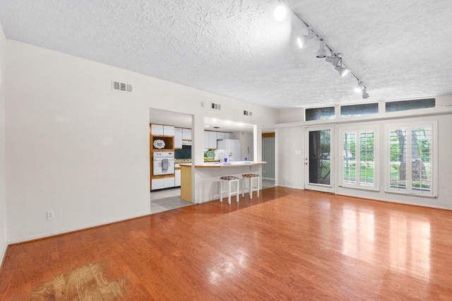 1202 Fay Rd, Kemah, TX 77565 - unfurnished living room featuring light wood-style flooring, a textured ceiling, and track lighting