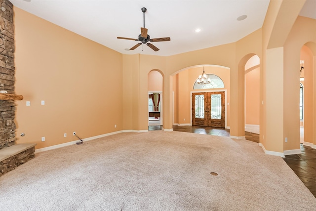 26150 Crown Ranch Blvd, Montgomery, TX 77316 - entryway with arched walkways, carpet floors, ceiling fan, recessed lighting, and a high ceiling