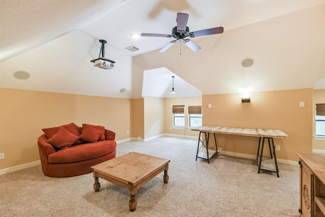 26150 Crown Ranch Blvd, Montgomery, TX 77316 - playroom featuring vaulted ceiling, light carpet, and a ceiling fan