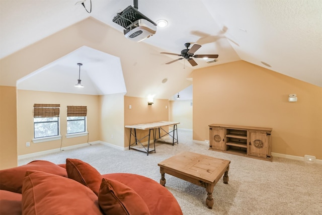 26150 Crown Ranch Blvd, Montgomery, TX 77316 - carpeted living room featuring vaulted ceiling and a ceiling fan