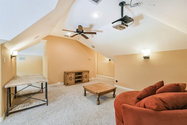 26150 Crown Ranch Blvd, Montgomery, TX 77316 - carpeted home theater with lofted ceiling and ceiling fan