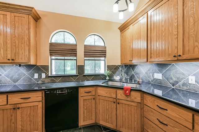 26150 Crown Ranch Blvd, Montgomery, TX 77316 - kitchen featuring dishwasher, decorative backsplash, and brown cabinetry