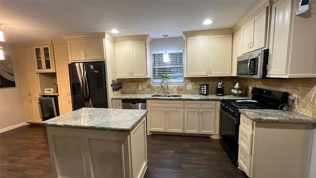 2514 Creekleaf Rd, Houston, TX 77068 - kitchen featuring appliances with stainless steel finishes, dark wood-style floors, backsplash, a center island, and recessed lighting
