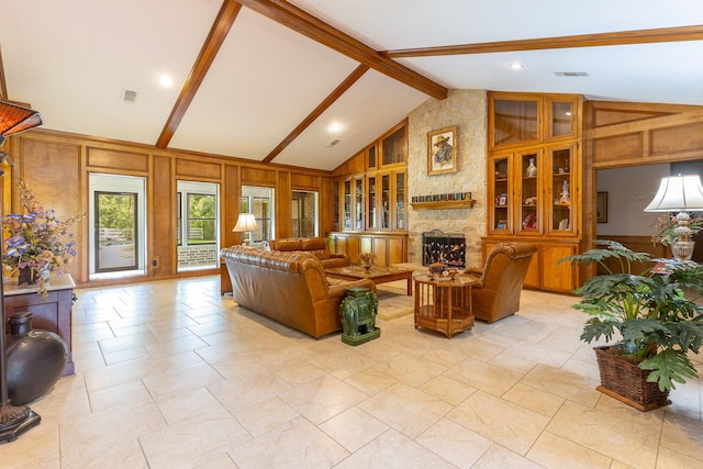 1211 Tall Pines Dr, Friendswood, TX 77546 - living room with a fireplace, wood walls, beamed ceiling, and high vaulted ceiling