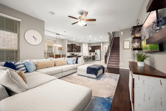 29522 Westhope Dr, Spring, TX 77386 - living room with a ceiling fan, dark wood finished floors, stairs, and recessed lighting