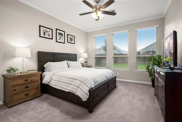 29522 Westhope Dr, Spring, TX 77386 - bedroom featuring light carpet, ornamental molding, and a ceiling fan