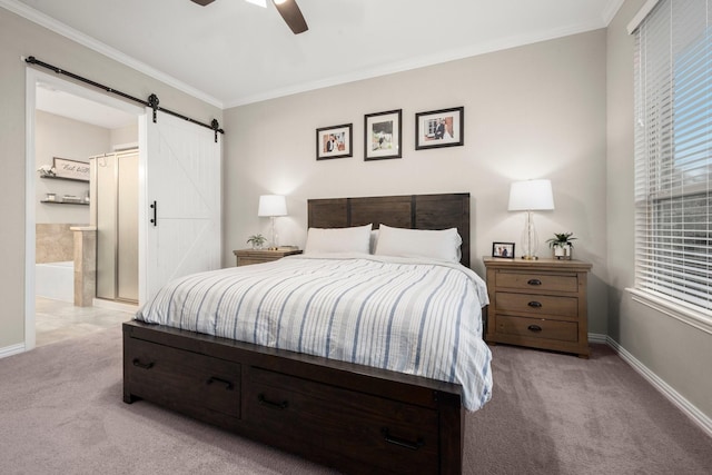 29522 Westhope Dr, Spring, TX 77386 - carpeted bedroom with a barn door, crown molding, connected bathroom, and a ceiling fan