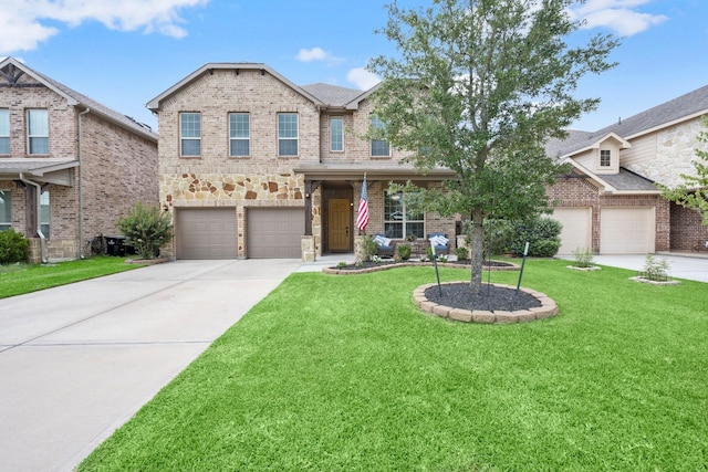 29522 Westhope Dr, Spring, TX 77386 - traditional-style home featuring driveway, a garage, a front lawn, brick siding, and stone siding