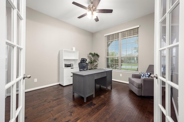 29522 Westhope Dr, Spring, TX 77386 - office area featuring french doors, dark wood finished floors, and a ceiling fan