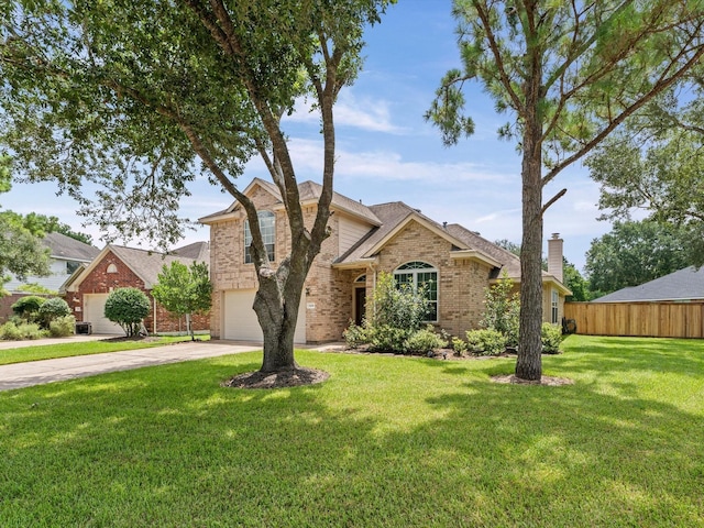 3139 Prairiestone Trail Ln, Katy, TX 77450 - view of front of home featuring brick siding, a garage, concrete driveway, and a chimney