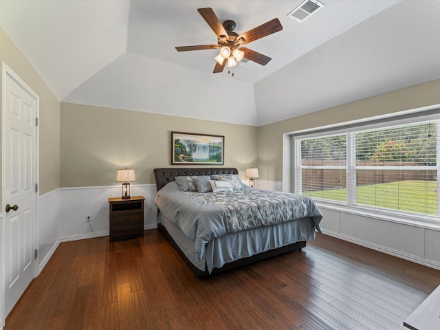 3139 Prairiestone Trail Ln, Katy, TX 77450 - bedroom with lofted ceiling, hardwood / wood-style floors, a ceiling fan, and wainscoting