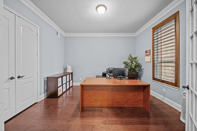 207 Fox Squirrel Ct, Pinehurst, TX 77362 - home office featuring dark wood finished floors and crown molding