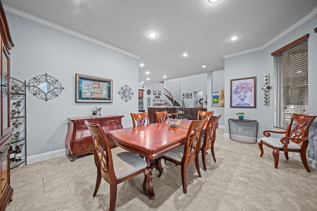 207 Fox Squirrel Ct, Pinehurst, TX 77362 - dining area with stairs, ornamental molding, and recessed lighting