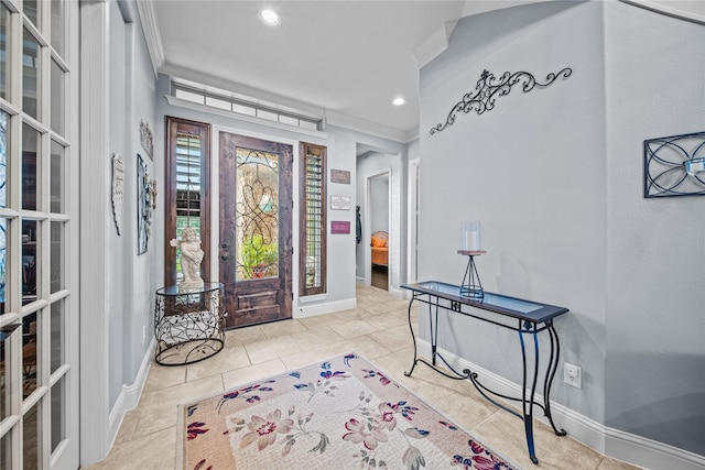 207 Fox Squirrel Ct, Pinehurst, TX 77362 - entrance foyer with ornamental molding, tile patterned flooring, and recessed lighting