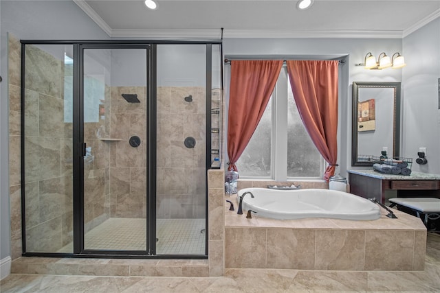 207 Fox Squirrel Ct, Pinehurst, TX 77362 - full bathroom with a garden tub, crown molding, a stall shower, vanity, and recessed lighting