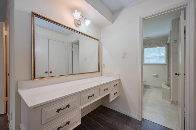5318 Foresthaven Dr, Houston, TX 77066 - bathroom with vanity, wood finished floors, and ornamental molding