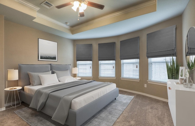 14577 Clementine Hall Dr, Conroe, TX 77378 - bedroom with crown molding, carpet floors, a raised ceiling, and ceiling fan