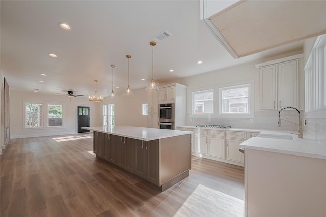 1026 W Cottage St, Houston, TX 77009 - kitchen featuring stainless steel appliances, open floor plan, light wood-style flooring, light countertops, and a center island