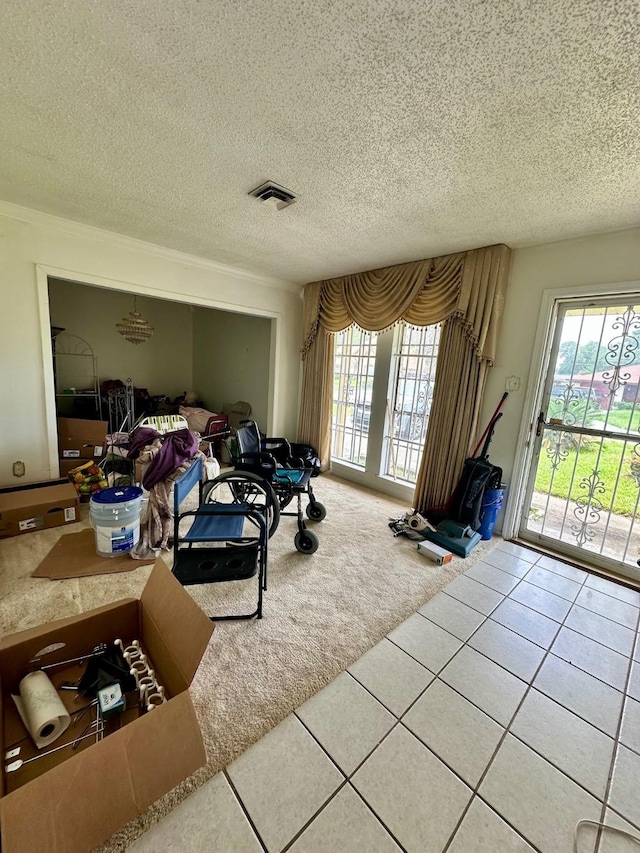 6206 Antha St, Houston, TX 77016 - bedroom with access to exterior, tile patterned floors, multiple windows, carpet floors, and a textured ceiling