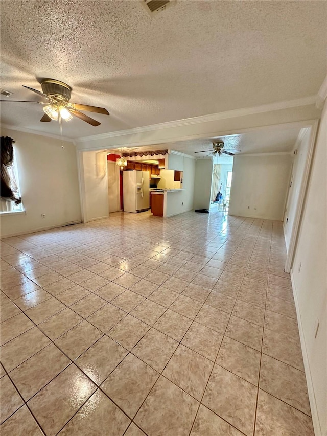 6206 Antha St, Houston, TX 77016 - unfurnished living room featuring ceiling fan, crown molding, light tile patterned floors, and a textured ceiling