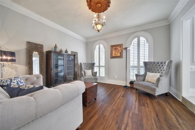 2206 Hickory Park Dr, Kingwood, TX 77345 - living room featuring a chandelier, wood finished floors, arched walkways, and crown molding