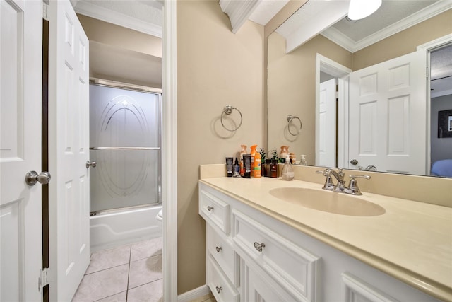 2206 Hickory Park Dr, Kingwood, TX 77345 - bathroom featuring vanity, enclosed tub / shower combo, crown molding, and tile patterned flooring