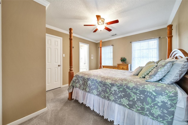 2206 Hickory Park Dr, Kingwood, TX 77345 - carpeted bedroom with crown molding, a textured ceiling, and a ceiling fan