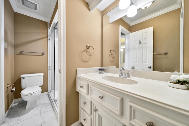 2206 Hickory Park Dr, Kingwood, TX 77345 - full bathroom with marble finish flooring, ornamental molding, vanity, and a stall shower