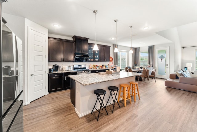 3919 Palmer Meadow Ct, Fulshear, TX 77494 - kitchen featuring stainless steel appliances, a breakfast bar area, light wood finished floors, light stone countertops, and open floor plan