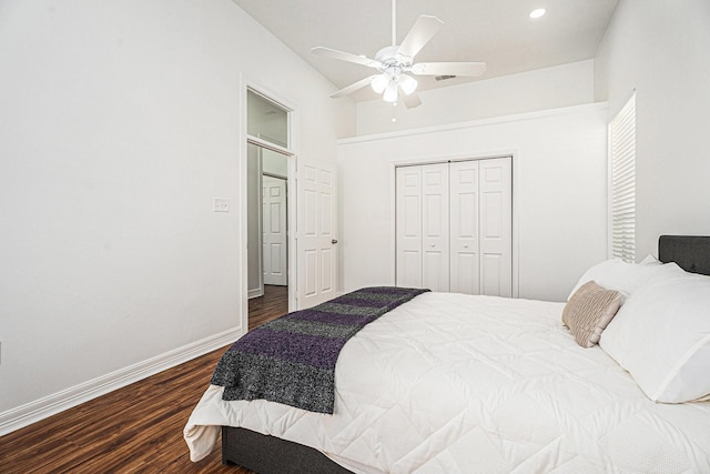 3515 Winnie St, Galveston, TX 77550 - bedroom featuring dark wood finished floors, a closet, ceiling fan, and recessed lighting