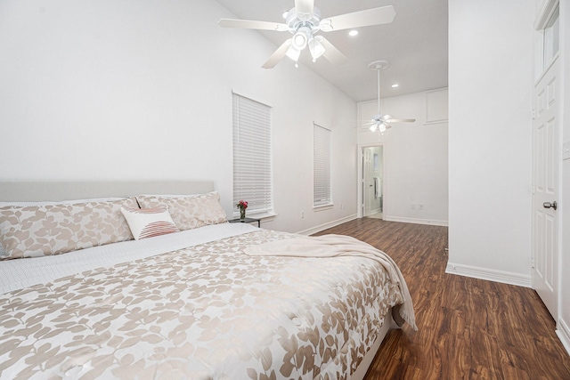 3515 Winnie St, Galveston, TX 77550 - bedroom featuring wood finished floors, recessed lighting, high vaulted ceiling, and ceiling fan