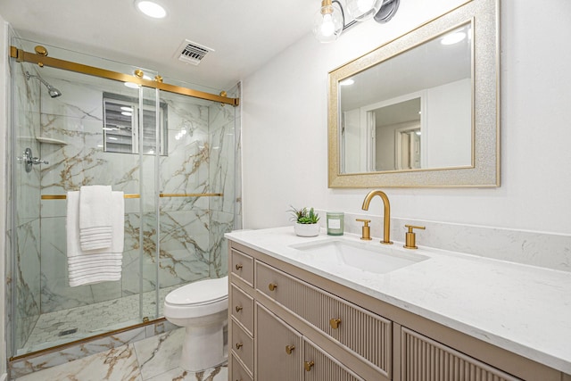 3515 Winnie St, Galveston, TX 77550 - bathroom featuring marble look tiles, vanity, a marble finish shower, and recessed lighting