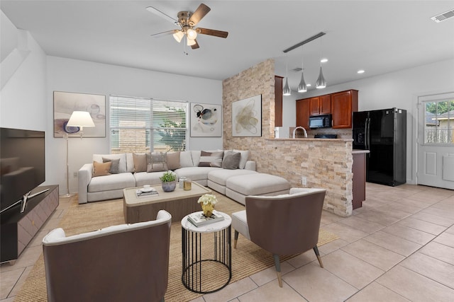 20523 Ranch Mill Ln, Cypress, TX 77433 - living room with light tile patterned floors, ceiling fan, and recessed lighting